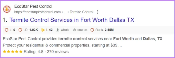 Google search result with Ecostar first for termite control services in Fort Worth Dallas TX
